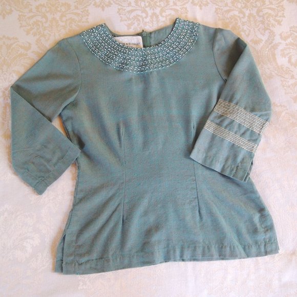 Tarsian & Blinkley Green 100% Raw Silk Beaded Afghan Top S - Picture 1 of 11